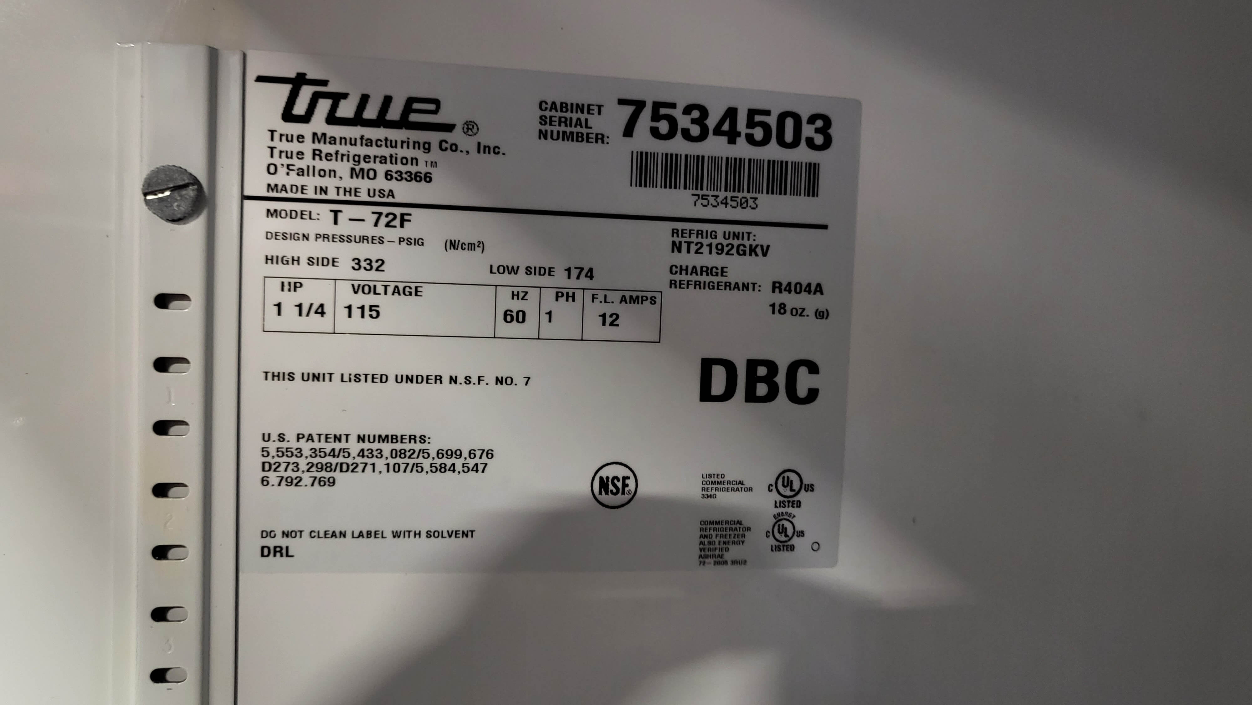 True T-72F Reach In Freezer