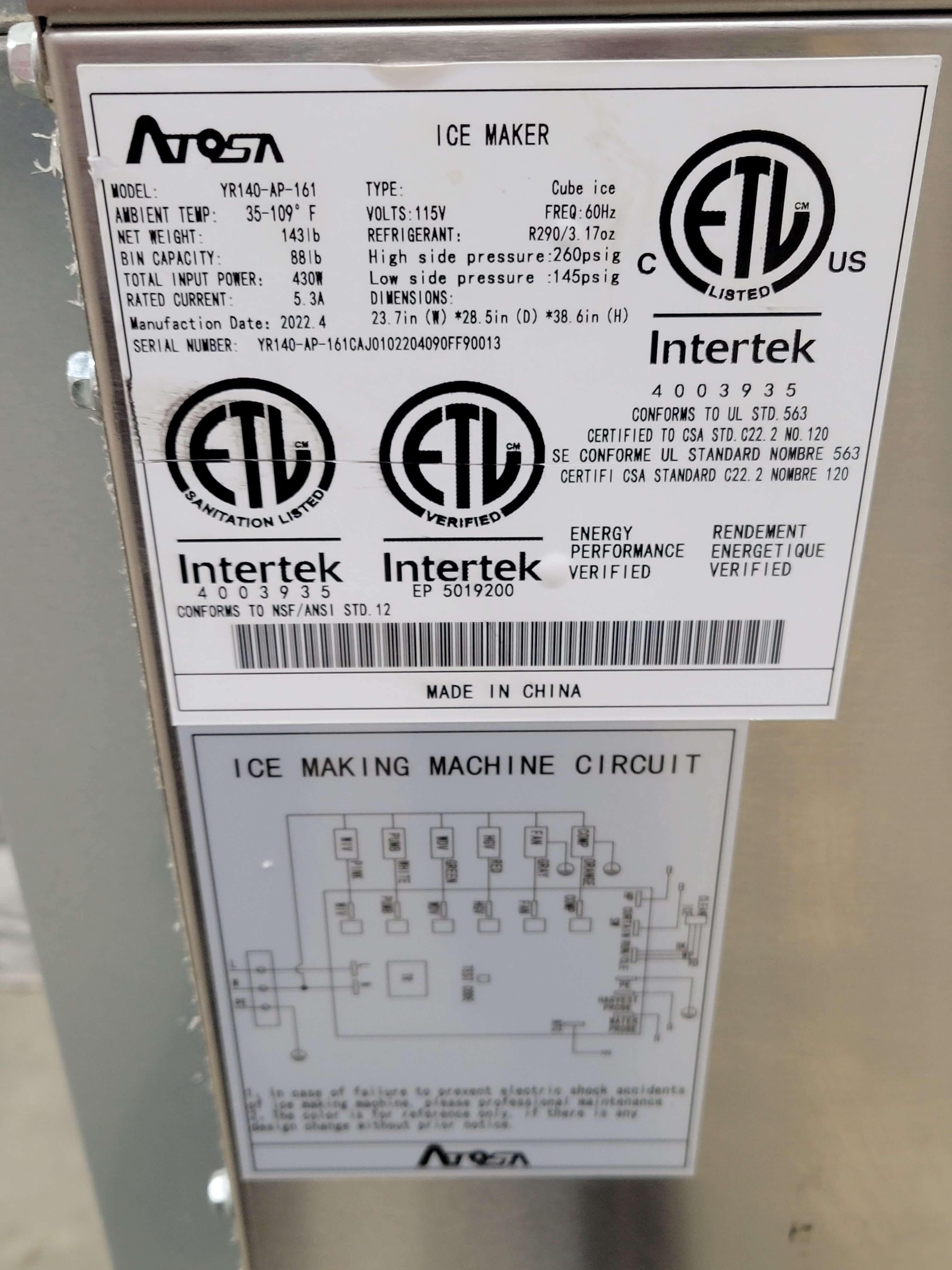 Atosa YR140-AP-161 Ice Machine