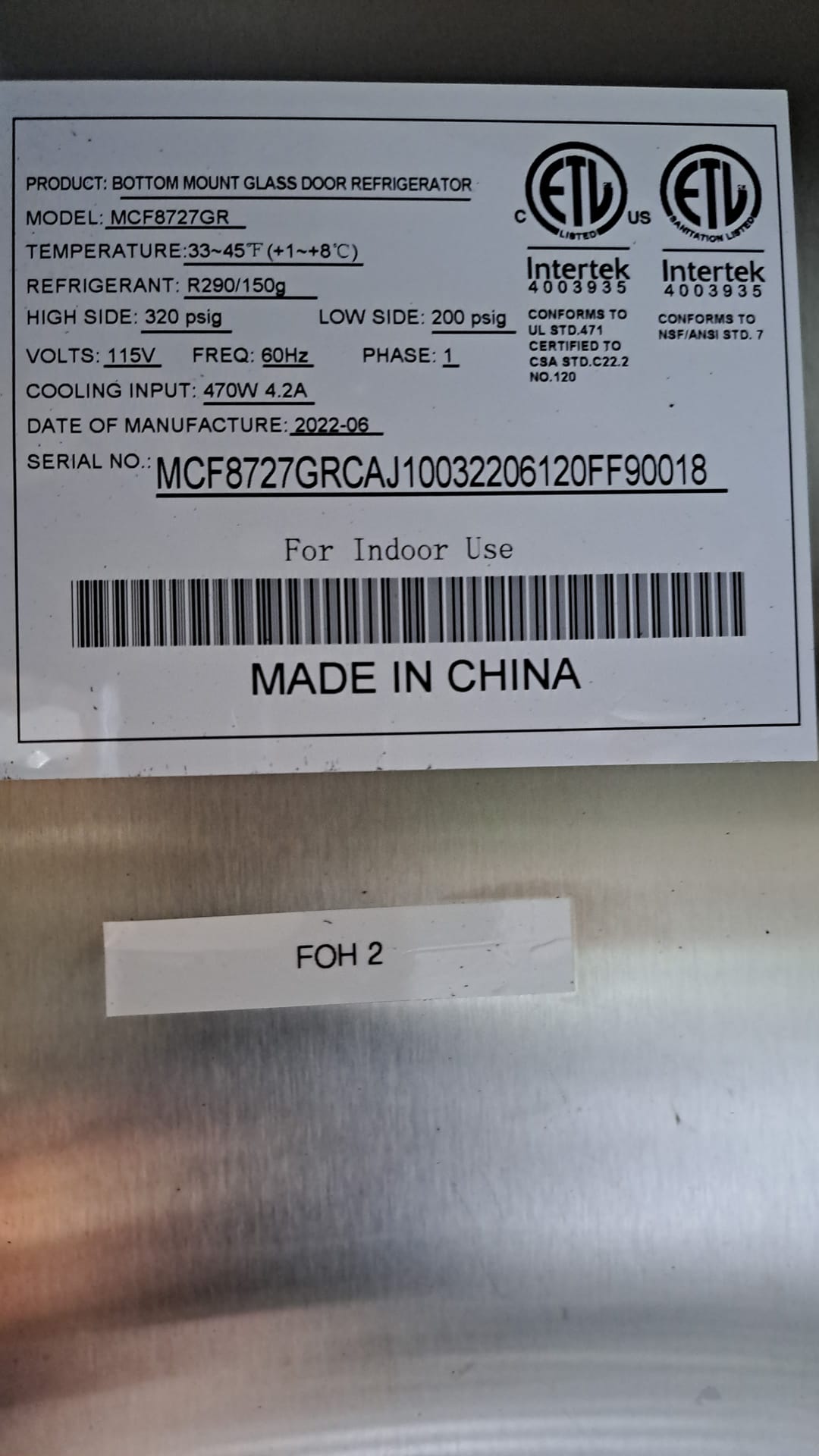 Atosa MCF8727GR Bottom Mount Glass Door Refrigerator