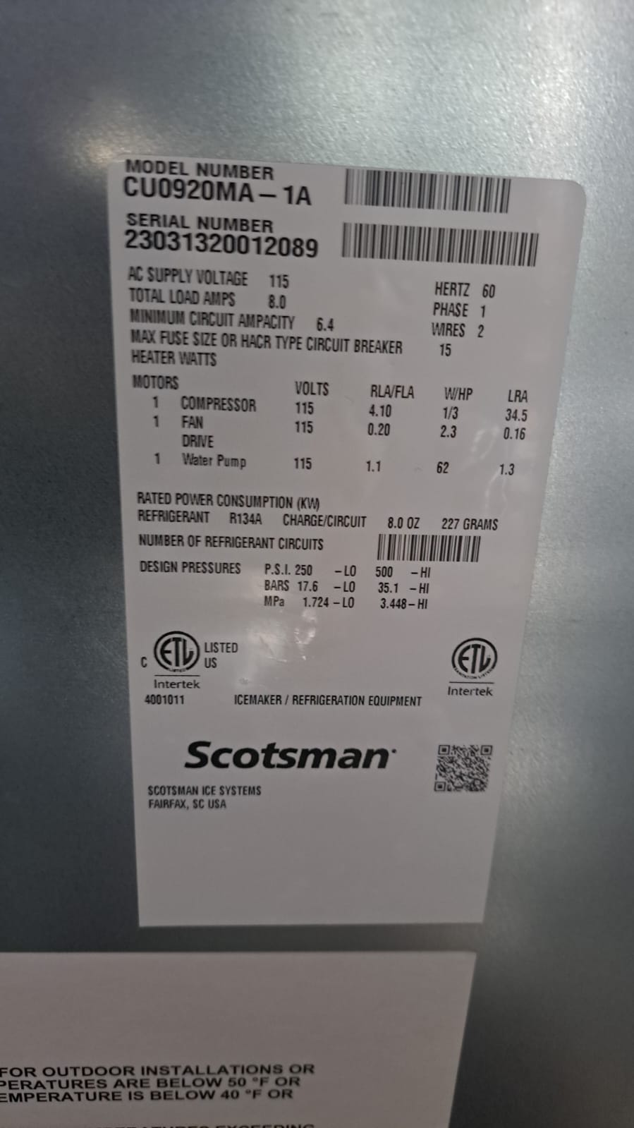 Scotsman CU0920MA-1 Essential Ice 100 Lb Undercounter Cube Ice Machine