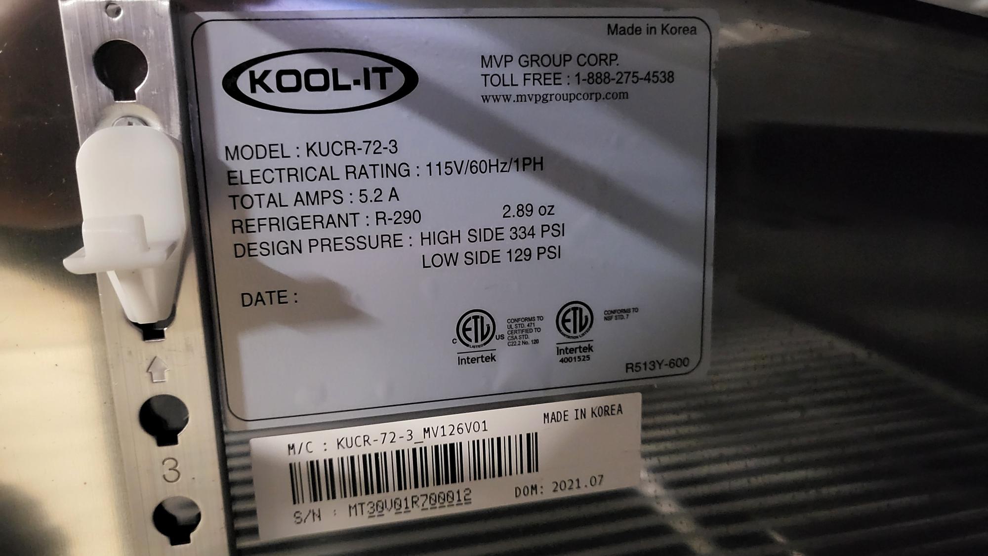 Kool-It KUCR-72-3 Under counter refrigerator