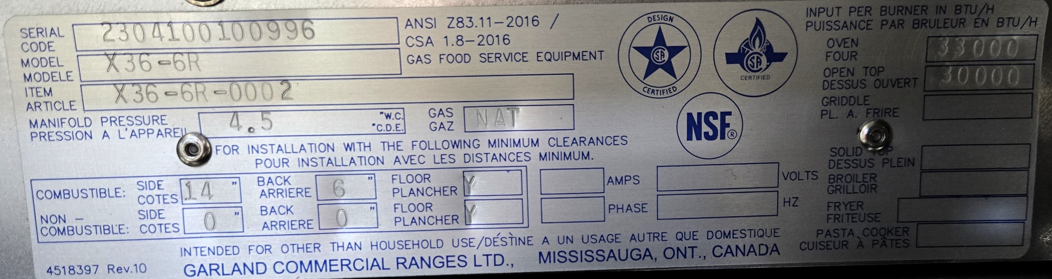 Garland X36-6R Range - Natural Gas
