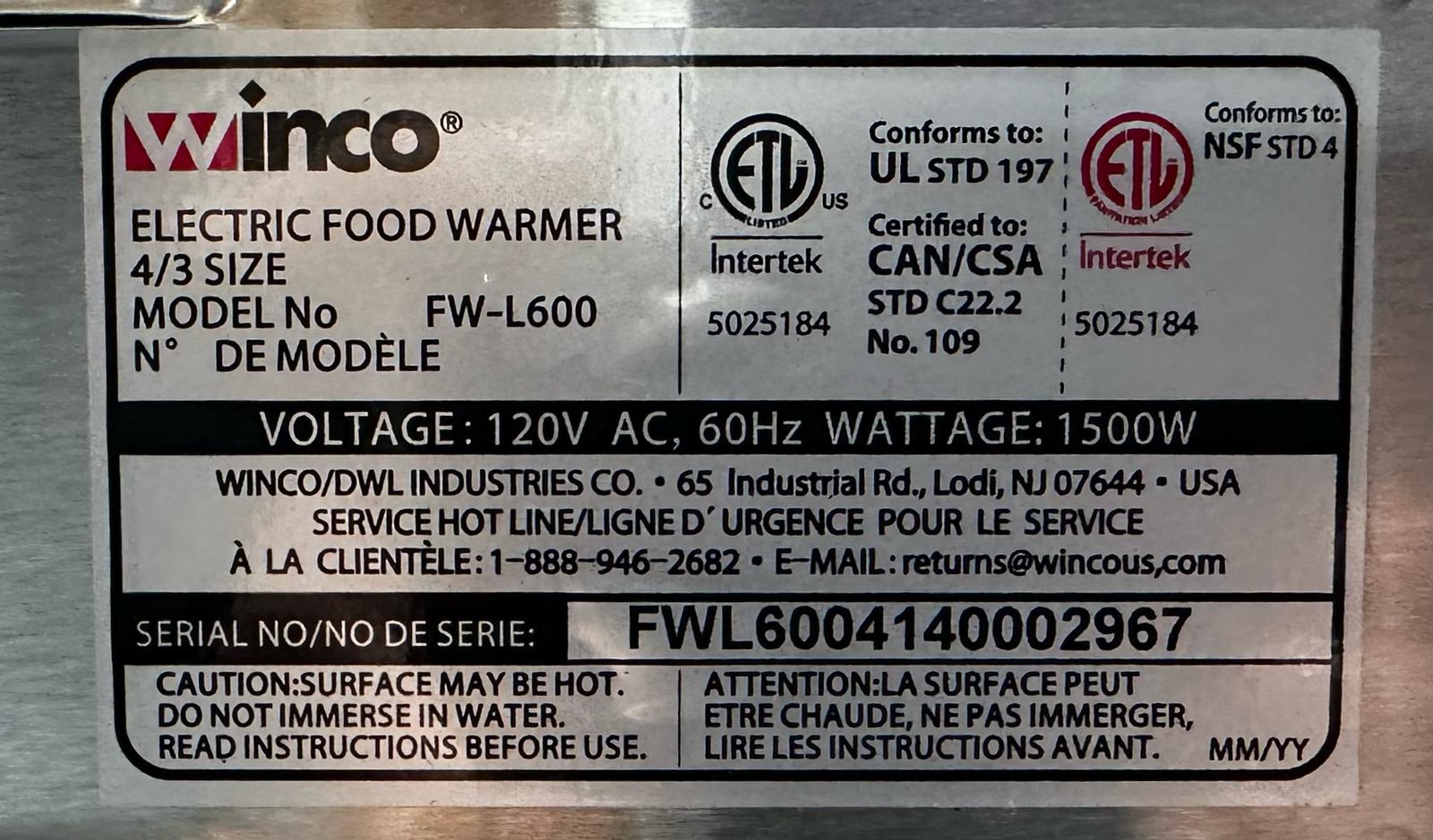 Winco FW-L600 Food Warmer, electric, 4/3