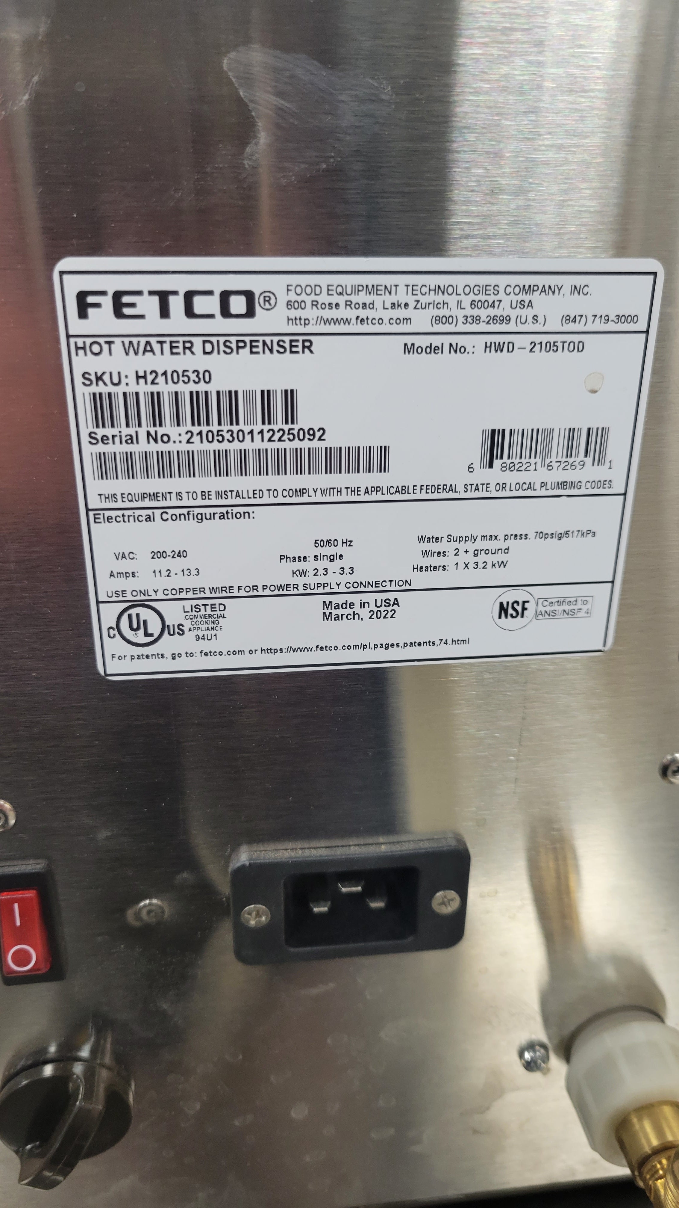 Fetco HWD-2105TOD Hot Water Dispenser